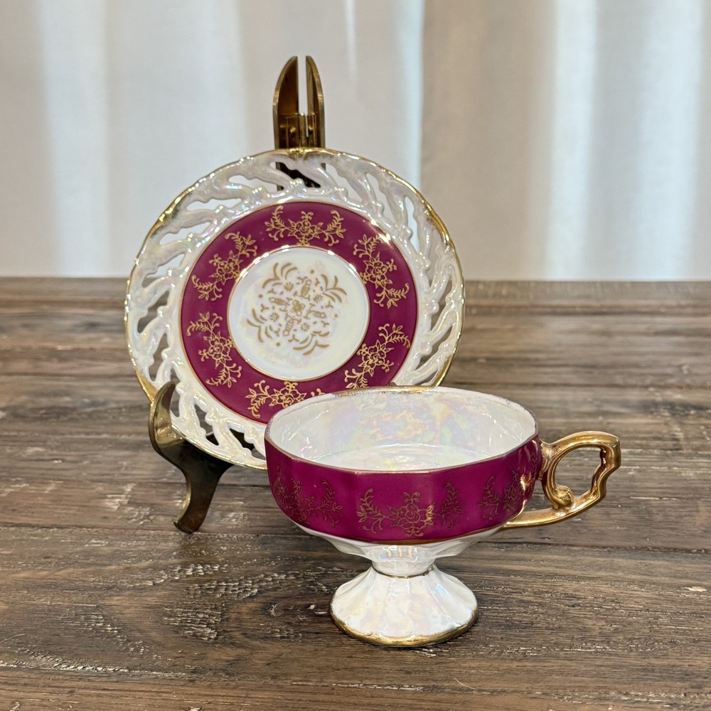 VTG Norleans Japan Tea Cup Saucer Set Burgundy Lusterware Lattice Reticulated